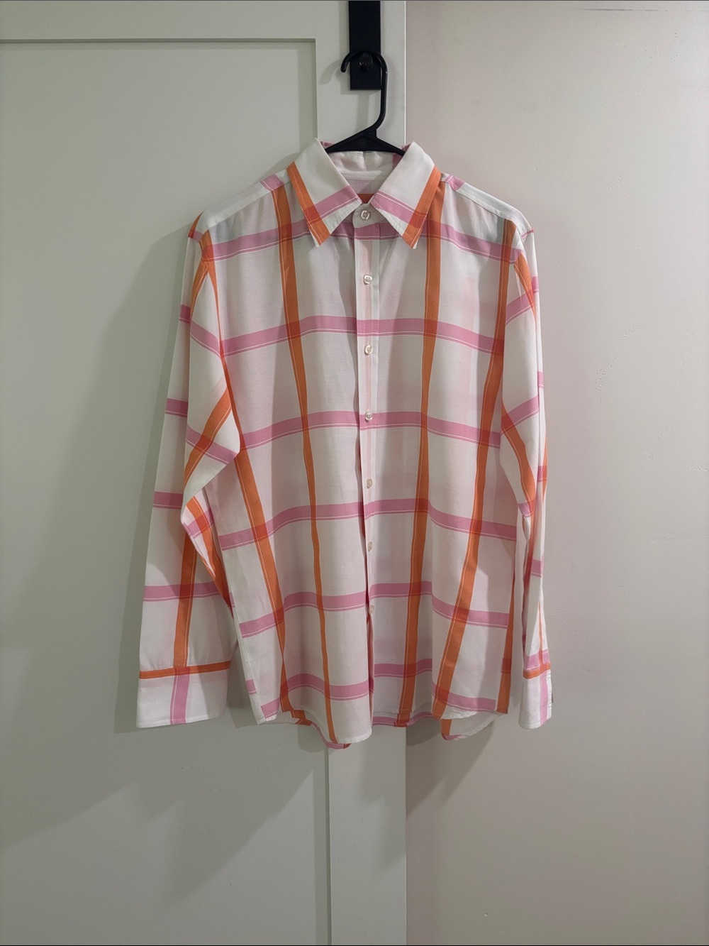 B52 white, orange, and pink plaid shirt. Cotton/poly. Men L. Like new condition.